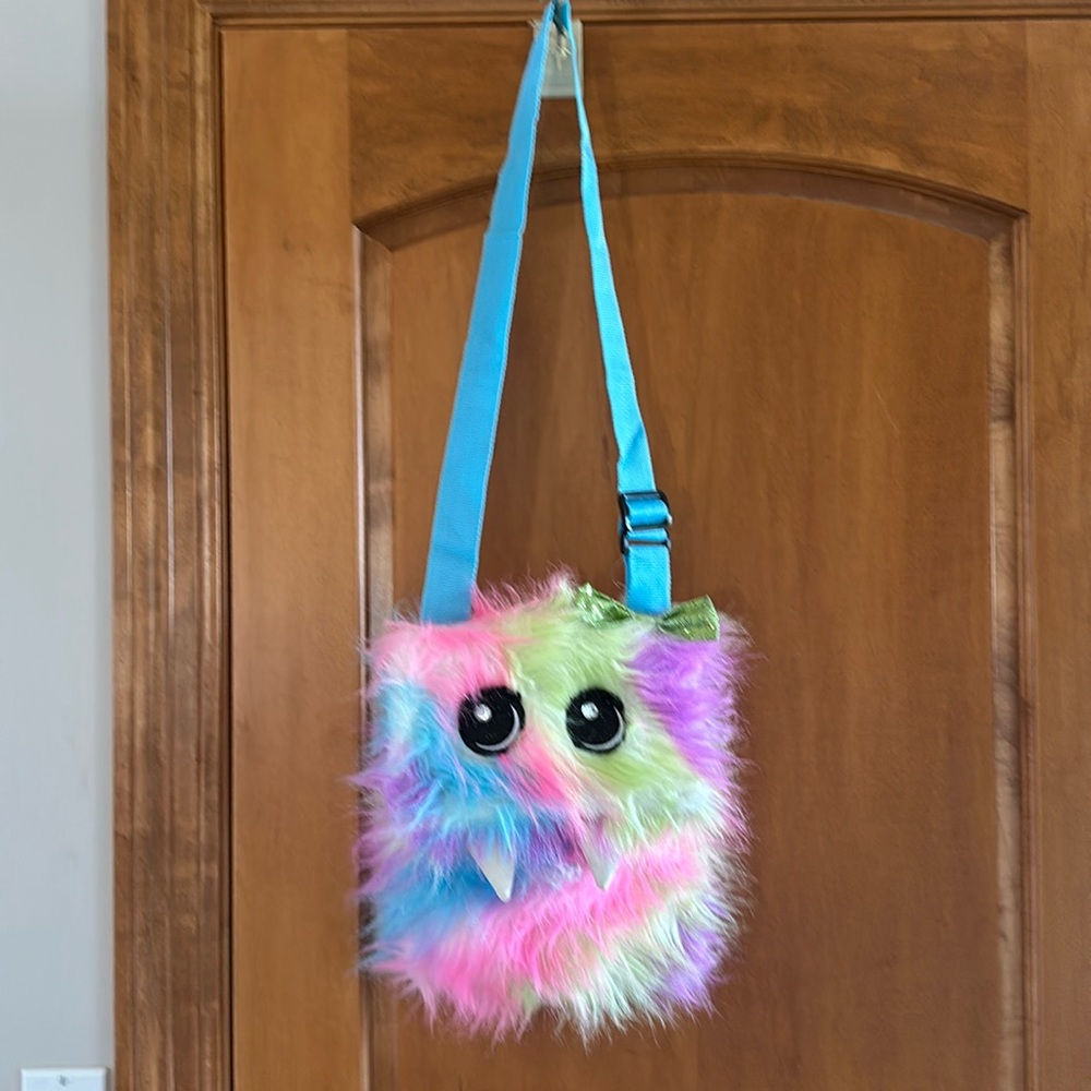 Justice Faux Fur Monster Crossbody Bag Rainbow Fuzzy I Ate Your Homework Purse